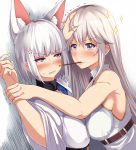  2girls against_wall anger_vein angry animal_ears azur_lane bangs bare_shoulders black_neckwear blue_eyes blunt_bangs blush breast_press breasts clenched_teeth commentary_request enterprise_(azur_lane) eyebrows_visible_through_hair food fox_ears hot_melon japanese_clothes kaga_(azur_lane) kimono large_breasts long_hair long_sleeves looking_at_another multiple_girls necktie parted_lips pocky shiny shiny_skin shirt short_hair silver_hair simple_background sleeveless sleeveless_shirt sparkle symmetrical_docking teeth trembling very_long_hair violet_eyes white_background white_hair white_kimono wide_sleeves wrist_grab 