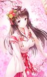  1girl bang_dream! bangs bell blurry blurry_background blush breasts brown_hair cherry_blossoms closed_mouth commentary_request depth_of_field eyebrows_visible_through_hair flower hair_flower hair_ornament hakama hand_up japanese_clothes jingle_bell kimono large_breasts long_hair long_sleeves looking_at_viewer lunacle petals pink_flower red_flower red_hakama rose shirokane_rinko smile solo tree_branch very_long_hair violet_eyes white_kimono wide_sleeves yellow_flower yellow_rose 