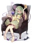  1girl :d armchair bangs barefoot black_headwear brooch cable chair commentary_request eyebrows_visible_through_hair floral_print frilled_shirt_collar frilled_sleeves frills full_body green_eyes green_hair green_skirt hair_between_eyes hand_up hat hat_ribbon heart heart_of_string highres jewelry koishi_day komeiji_koishi long_sleeves looking_at_viewer open_mouth petticoat phone ribbon shadow shirt short_hair sitting skirt smile solo third_eye touhou white_background wide_sleeves yellow_ribbon yellow_shirt yuki_(popopo) 