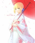  1girl 2019 absurdres ahoge artoria_pendragon_(all) blonde_hair blue_ribbon braided_bun cherry_blossom_print collarbone fate/stay_night fate_(series) green_eyes hair_ribbon highres holding holding_umbrella japanese_clothes kimono long_sleeves looking_at_viewer lq_saku nengajou new_year oriental_umbrella print_kimono red_umbrella ribbon saber short_hair sidelocks smile solo standing umbrella white_background white_kimono wide_sleeves 