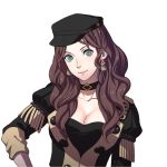  breasts brown_hair cleavage dorothea fire_emblem fire_emblem:_three_houses kurahana_chinatsu large_breasts long_hair looking_at_viewer nintendo simple_background smile solo uniform white_background 