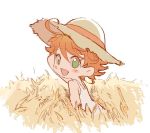  1girl ahoge blush dress emma_(yakusoku_no_neverland) from_behind green_eyes hand_up hat ke02152 looking_at_viewer open_mouth orange_hair short_hair simple_background sketch smile straw_hat sundress wheat wheat_field yakusoku_no_neverland 