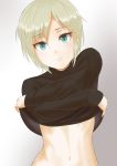  1girl anastasia_(idolmaster) black_shirt blue_eyes crossed_arms eyebrows_visible_through_hair ginnote grey_background hair_between_eyes idolmaster idolmaster_cinderella_girls long_sleeves looking_at_viewer midriff navel shiny shiny_hair shirt short_hair silver_hair smile solo stomach undressing upper_body 