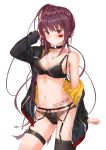  1girl bangs black_bra black_legwear black_panties blush bra breasts character_name choker contrapposto cross cross_earrings earrings eyebrows_visible_through_hair garter_belt garter_straps german_flag girls_frontline groin hair_ribbon hand_in_hair heartsix highres jacket jewelry large_breasts long_hair looking_at_viewer navel necklace o-ring off_shoulder one_side_up open_clothes open_jacket panties purple_hair red_eyes ribbon ring simple_background single_thighhigh skindentation solo stomach thigh-highs underwear v-shaped_eyebrows very_long_hair wa2000_(girls_frontline) white_background 