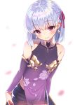  1girl bangs bare_shoulders blush breasts commentary_request detached_sleeves dress earrings eyebrows_visible_through_hair fate/grand_order fate_(series) hair_ribbon highres jewelry kama_(fate/grand_order) looking_at_viewer navel purple_sleeves red_eyes ribbon short_hair silver_hair small_breasts smile solo thigh-highs yuuki_suzu_(suzuk_yuki) 