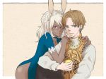  1boy 1girl animal_ears armor aurum_(heyyou) balflear ball brown_hair closed_mouth commentary_request cosplay dark_skin earrings final_fantasy final_fantasy_xii jewelry long_hair looking_at_viewer rabbit_ears simple_background tennis_ball viera white_hair 