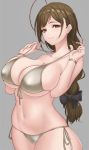  1girl ahoge bangs bare_shoulders bikini black_bow bow braid breasts brown_eyes cleavage closed_mouth cowboy_shot grey_background grey_bikini hair_bow hands_up highres idolmaster idolmaster_shiny_colors js_(wlstjd9595) kuwayama_chiyuki large_breasts long_hair looking_at_viewer navel ponytail pulled_by_self side-tie_bikini simple_background single_braid skindentation smile solo standing strap_pull string_bikini swimsuit 