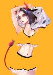 1girl animal_ears animal_print arm_behind_head arm_over_head arms_up black_hair breasts cleavage cow_ears cow_print cow_tail cowboy_shot ef_(ppps33) frilled_shorts frills haori horns japanese_clothes large_breasts lips lipstick looking_ahead makeup midriff multicolored_hair navel oni_horns red_eyes red_horns shorts silver_hair solo sports_bra standing tail touhou two-tone_hair ushizaki_urumi yellow_background yellow_shorts 
