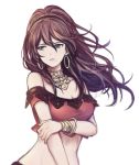  1girl bracelet brown_hair chee_octr crossed_arms dancer dress gloves jewelry long_hair looking_at_viewer necklace octopath_traveler ponytail primrose_azelhart simple_background solo white_background 