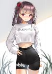  1girl bangs black_shorts blush braid breasts clothes_writing cowboy_shot cropped_shirt embarrassed eyebrows_visible_through_hair french_braid girls_frontline hair_ribbon half_updo hand_on_hip highres indoors large_breasts lee_seok_ho long_hair long_sleeves looking_at_viewer midriff one_side_up purple_hair red_eyes red_ribbon ribbon shirt shorts sidelocks sleeves_past_wrists solo tsurime v-shaped_eyebrows very_long_hair wa2000_(girls_frontline) white_shirt yoga_shorts 