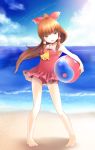  1girl angry ascot ball bangs beach beachball blue_sky blurry blurry_background bow breasts brown_eyes brown_hair clouds collarbone day floating_hair frilled_bow frills full_body hair_bow hair_tubes hakurei_reimu head_tilt highres long_hair looking_at_viewer ocean open_mouth outdoors ponytail red_bikini_top red_bow red_shirt sailor_collar shiny shiny_hair shirt sky sleeveless sleeveless_shirt small_breasts solo sunlight tauta_(meshia8787) touhou very_long_hair white_sailor_collar yellow_neckwear younger 