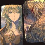  1boy 1girl armor bangs blonde_hair blood blood_in_hair blood_on_clothes blood_on_face blue_eyes blue_sky breastplate byleth_(fire_emblem) byleth_eisner_(female) cape close-up closed_mouth clouds collar colored_eyelashes commentary_request day detached_collar dimitri_alexandre_blaiddyd ears eyebrows_visible_through_hair eyelashes face fire_emblem fire_emblem:_three_houses flag flagpole frown fur_cape green_eyes green_hair hair_between_eyes harusame_(rueken) long_hair looking_at_viewer looking_back medium_hair orange_sky outdoors parted_lips shiny shiny_hair shoulder_armor sidelocks sky standing torn_flag white_collar worried 
