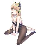  1girl alternate_costume animal_ears bangs black_legwear black_leotard blonde_hair breasts cat_ear_headphones cat_ears detached_collar eyebrows_visible_through_hair fake_animal_ears fang girls_frontline green_eyes headphones highres leotard long_hair looking_at_viewer medium_breasts open_mouth pantyhose playboy_bunny_leotard sitting solo strapless strapless_leotard tmp_(girls_frontline) transparent_background urim_(paintur) very_long_hair wariza wrist_cuffs 