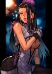  1girl black_hair breasts brown_eyes cleavage_cutout clothing_cutout dress earrings fingerless_gloves gloves hair_over_one_eye hankuri jewelry large_breasts lips long_hair luong snk solo the_king_of_fighters the_king_of_fighters_xiv 
