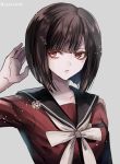  1girl alternate_hair_length alternate_hairstyle artist_name bangs black_hair breasts collarbone commentary_request dangan_ronpa flower_ornament grey_background hair_ornament hairclip harukawa_maki looking_to_the_side mole mole_under_eye new_dangan_ronpa_v3 red_eyes red_shirt shirt short_hair simple_background small_breasts solo twitter_username z-epto_(chat-noir86) 