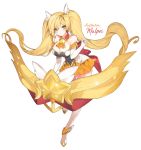  1girl artist_name back_bow blonde_hair bow breasts cleavage closed_mouth cravat detached_collar elbow_gloves gloves hair_between_eyes hair_ornament large_breasts league_of_legends long_hair looking_at_viewer mal_poi orange_neckwear orange_skirt red_bow simple_background skirt smile solo sona star_guardian_(league_of_legends) white_background white_gloves yellow_eyes 