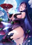  1girl :d alcohol ass bangs bare_shoulders blush bodysuit breasts cherry_blossoms cleavage commentary_request cosplay cowboy_shot cup fate/grand_order fate_(series) fingerless_gloves full_moon gloves highres holding holding_cup huge_breasts japanese_clothes kimono koruta_(nekoimo) large_breasts long_hair looking_at_viewer low-tied_long_hair minamoto_no_raikou_(fate/grand_order) moon navel night off_shoulder open_clothes open_mouth outdoors parted_bangs petals pouring purple_hair revealing_clothes sakazuki sake shuten_douji_(fate/grand_order) shuten_douji_(fate/grand_order)_(cosplay) sky smile solo star_(sky) starry_sky thighs very_long_hair violet_eyes 