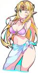  1girl ;) bare_shoulders bead_necklace beads bikini blonde_hair blue_eyes breast_hold breasts circlet cleavage closed_mouth cute earrings enpe eyebrows_visible_through_hair gem green_eyes hair_intakes highres jewelry long_hair looking_at_viewer medium_breasts multicolored multicolored_eyes navel necklace nintendo nintendo_ead one_eye_closed pink_bikini princess_zelda sarong simple_background smile solo swimsuit the_legend_of_zelda the_legend_of_zelda:_a_link_between_worlds triforce white_background 