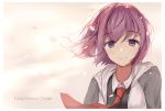  1girl black_shirt closed_mouth copyright_name fate/grand_order fate_(series) grey_sleeves hair_between_eyes highres jacket looking_at_viewer mash_kyrielight necktie pink_background purple_hair red_neckwear shirt short_hair smile solo upper_body violet_eyes xiaozuo_cang 