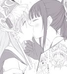  2girls atelier_(series) atelier_totori blush chin_grab closed_eyes embarrassed full-face_blush gloves hand_to_own_mouth kiss maromi_(am97) mimi_houllier_von_schwarzlang monochrome multiple_girls ponytail profile staff totooria_helmold yuri 