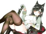  1girl animal_ears atago_(azur_lane) azur_lane bangs black_hair black_legwear breasts brown_eyes chair closed_mouth cowboy_shot dutch_angle extra_ears eyebrows_visible_through_hair from_below garter_straps hair_ribbon holding holding_sword holding_weapon katana large_breasts long_hair looking_at_viewer military military_uniform miniskirt mole mole_under_eye panties pantyshot pantyshot_(sitting) ribbon sheath sheathed shimeji_(4_me_ji) sitting skirt smile solo swept_bangs sword thick_thighs thigh-highs thighs underwear uniform weapon white_background white_ribbon 