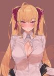  1girl absurdres ahoge bangs blonde_hair blush breasts closed_mouth collared_shirt eyebrows_visible_through_hair hair_ribbon highres large_breasts long_hair nijisanji red_ribbon ribbon shirt simple_background suisogenshi takamiya_rion twintails unbuttoning violet_eyes white_shirt 