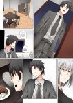  1girl 2boys ahoge belt black_hair chair commentary_request faceless faceless_male fate/grand_order fate_(series) food formal fujimaru_ritsuka_(male) ginhaha jeanne_d&#039;arc_(alter)_(fate) jeanne_d&#039;arc_(fate)_(all) multiple_boys necktie open_mouth plate rice short_hair silver_hair steak suit table 