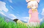  2girls animal_ears blonde_hair blue_sky blush bow closed_eyes closed_mouth common_raccoon_(kemono_friends) day facing_viewer fennec_(kemono_friends) grass kemono_friends multicolored_hair multiple_girls nyifu outdoors short_hair skirt sky smile tail two-tone_hair white_hair white_skirt yellow_bow 