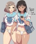  2girls :d agawa_ryou bag black_hair blush breasts brown_eyes brown_hair cellphone fundoshi grey_background groin hair_ornament hairclip holding_hands japanese_clothes long_hair multiple_girls navel open_mouth original phone school_bag school_uniform serafuku simple_background smartphone smile tan tanline 