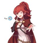  1girl absurdres anna_(fire_emblem) breasts brown_eyes cape commission finger_to_face fire_emblem fire_emblem_if highres looking_at_viewer nintendo open_mouth outstretched_hand ponytail red_cape redhead simple_background snowsakura_art solo twitter_username 