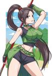  1girl arm_up bare_shoulders bike_shorts black_gloves black_hair blue_sky breasts choker clouds cowboy_shot day dragon_quest dragon_quest_xi eyebrows_visible_through_hair fingerless_gloves gloves green_choker halterneck high_ponytail highres holding holding_weapon large_breasts legs_apart long_hair martina_(dq11) naginata navel o-ring o-ring_top open_mouth outdoors overskirt polearm ponytail sky solo suzusiigasuki v-shaped_eyebrows very_long_hair violet_eyes weapon 