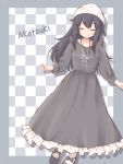  1girl akatsuki_(kantai_collection) alternate_costume black_footwear black_hair character_name checkered checkered_background closed_eyes dress frilled_dress frills grey_dress highres jewelry kantai_collection long_dress long_hair long_sleeves munekawa_momo necklace outstretched_arms pendant smile solo standing white_headwear 