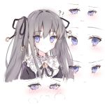  1girl ?? arcaea bangs black_ribbon black_shirt blush character_request closed_mouth commentary cropped_torso crying crying_with_eyes_open eyebrows_visible_through_hair grey_hair hair_between_eyes hair_ribbon highres long_hair multiple_views nose_blush parted_lips ribbon shirt smile sweat tandohark tears twintails upper_body v-shaped_eyebrows violet_eyes wavy_mouth white_background 