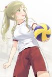  1girl :d ball blush breasts commentary_request fang fingernails gradient gradient_background green_eyes green_hair grey_background gym_shirt gym_shorts gym_uniform hair_bobbles hair_ornament holding holding_ball inuyama_aoi long_hair looking_away looking_to_the_side medium_breasts mikazuchi_zeus nose_blush open_mouth red_shorts shirt short_shorts short_sleeves shorts sidelocks smile solo white_background white_shirt yurucamp 