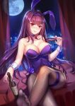  1girl alcohol animal_ears bangs bare_shoulders blurry blurry_background blush bokeh bottle breasts bunnysuit cityscape cleavage collarbone cup depth_of_field eyebrows_visible_through_hair fake_animal_ears fate/grand_order fate_(series) fishnet_legwear fishnets foot_up full_moon glint hair_between_eyes highres holding holding_bottle holding_cup indoors lalazyt large_breasts leg_garter legs legs_crossed leotard long_hair looking_at_viewer moon night pantyhose parted_lips pouring purple_hair purple_leotard purple_lips rabbit_ears red_eyes scathach_(fate)_(all) scathach_(fate/grand_order) sidelocks sitting smile solo strapless strapless_leotard thighs toes very_long_hair window wrist_cuffs 