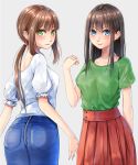  2girls amagami_rukichi blue_eyes brown_hair denim green_eyes green_shirt grey_background hand_up jeans long_neck looking_at_viewer looking_back multiple_girls original pants ponytail red_skirt shirt short_sleeves sidelocks simple_background skirt smile zipper 