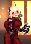  +++ 1girl :d absurdres bangs belt belt_buckle black_belt black_neckwear blonde_hair blush breasts buckle coat collared_shirt eyebrows_visible_through_hair fang girls_frontline hair_between_eyes hand_on_hip headgear highres holding leonat long_hair looking_at_viewer m4_sopmod_ii m4_sopmod_ii_(girls_frontline) mechanical_arm medium_breasts multicolored_hair necktie on_shoulder open_mouth prosthesis prosthetic_arm red_coat red_eyes redhead ro635_(dinergate) shinkon_santaku shirt smile standing streaked_hair tablet_pc very_long_hair white_shirt 