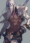  1boy abs belt black_gloves blue_eyes buckle collarbone dark_skin dark_skinned_male gloves grey_background guilty_gear hachizowo hair_over_one_eye highres holding holding_weapon long_hair male_focus muscle parted_lips simple_background solo venom_(guilty_gear) weapon white_hair 