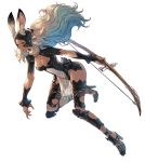 1girl animal_ear_fluff animal_ears armor bow_(weapon) breasts cleavage cleavage_cutout dark_skin ears_through_headwear female final_fantasy final_fantasy_xii fingernails fran full_body greaves helmet high_heels highres holding holding_bow_(weapon) long_hair makimura_shunsuke medium_breasts navel parted_lips pelvic_curtain rabbit_ears red_eyes revealing_clothes see-through sharp_fingernails simple_background solo vambraces viera weapon white_background white_hair