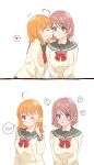 2girls 2koma ? ahoge arm_around_shoulder blue_eyes bow bowtie braid brown_hair cheek_kiss closed_eyes comic commentary_request english_text finger_to_cheek frown hair_bow hand_on_another&#039;s_shoulder heart heart_ahoge highres kiss long_sleeves love_live! love_live!_sunshine!! minori_748 multiple_girls notice_lines open_mouth orange_hair pointing pointing_at_self red_eyes red_neckwear school_uniform serafuku short_hair side_braid smile spoken_heart spoken_question_mark takami_chika upper_body uranohoshi_school_uniform watanabe_you yellow_bow yuri 