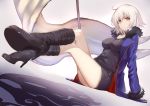  1girl absurdres ahoge bangs black_dress blue_coat boots breasts commentary_request dress dutch_angle fate/grand_order fate_(series) fifty1202 flag fur-trimmed_sleeves fur_collar fur_trim high_heel_boots high_heels highres jeanne_d&#039;arc_(alter)_(fate) jeanne_d&#039;arc_(fate)_(all) medium_breasts reclining short_hair silver_hair sitting solo tsurime wicked_dragon_witch_ver._shinjuku_1999 yellow_eyes 