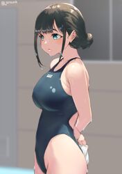  1girl arms_behind_back artist_name bare_shoulders blue_eyes blue_swimsuit blurry blurry_background blush breasts closed_mouth collarbone competition_swimsuit cowboy_shot hair_bun highres holding indoors jonsun large_breasts long_hair looking_afar one-piece_swimsuit original solo swimsuit wet 