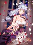  1girl :d absurdres amethyst_(gemstone) bangs blunt_bangs blurry blurry_background blush breasts cowboy_shot cross dress dress_flower eyebrows_visible_through_hair facial_mark floating_hair girls_frontline gloves green_eyes hair_ornament hand_on_own_chest haribo_kanten head_tilt highres hk416_(girls_frontline) indoors large_breasts layered_dress long_hair looking_at_viewer multi-tied_hair open_mouth petals silver_hair smile solo strapless strapless_dress teardrop thigh-highs very_long_hair wind 