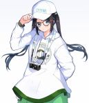  1girl arm_behind_back baseball_cap black_hair blue_eyes brown-framed_eyewear camera closed_mouth collarbone commentary_request drawstring earrings floating_hair glasses hair_ornament hand_on_headwear hand_up hanetsuka hat hood hood_down hoop_earrings idolmaster idolmaster_shiny_colors jewelry long_hair long_sleeves looking_at_viewer mitsumine_yuika sidelocks simple_background solo strap twintails upper_body white_background white_headwear white_hoodie 