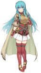  1girl arm_at_side armor blue_eyes blue_hair blush boots breastplate cape clenched_hand closed_mouth commentary_request cute eirika faulds fingerless_gloves fire_emblem fire_emblem:_seima_no_kouseki full_body gloves grey_cape intelligent_systems long_hair looking_at_viewer miniskirt nintendo pauldrons red_footwear red_gloves shiseki_hirame shoulder_armor simple_background skirt smile solo standing thigh-highs thigh_boots very_long_hair white_background white_skirt zettai_ryouiki 