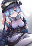  1girl animal_ears apron black_headwear blue_eyes blue_jacket breasts cleavage commentary dress from_above hair_ornament hat jacket long_sleeves looking_at_viewer maid maid_apron maid_dress medium_breasts pantyhose rabbit_ears re:zero_kara_hajimeru_isekai_seikatsu red_ribbon rem_(re:zero) ribbon sleeveless sleeveless_dress solo takuyarawr watermark web_address white_legwear x_hair_ornament 