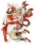  1girl animal_ears dancer_(final_fantasy) dated final_fantasy final_fantasy_xiv full_body highres lips long_hair rabbit_ears revealing_clothes sao_(saowee) shoes signature solo traditional_media vambraces viera watercolor_(medium) weapon white_hair 