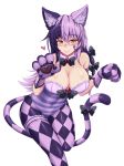  1girl absurdres animal_ears bell black_hair blush breasts cat_ears cat_tail cheshire_cat_(monster_girl_encyclopedia) commentary eyebrows_visible_through_hair facial_tattoo gloves hair_between_eyes hair_ribbon heart highres large_breasts monster_girl_encyclopedia multicolored_hair navel paws purple_hair ribbon simple_background smile solo tail tail_ribbon tattoo white_background wlper yellow_eyes 