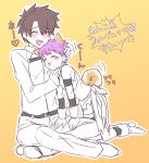  2boys :3 animal_ears black_hair closed_eyes dog_ears dog_tail dogboy fate/grand_order fate_(series) fergus_mac_roich_(young)_(fate/grand_order) fujimaru_ritsuka_(male) gloves housengo male_focus multiple_boys pink_hair purple_hair smile tail tongue tongue_out 