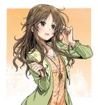  1girl brown_eyes brown_hair casual collarbone dress flat_chest frills hair_down holding holding_hair idolmaster idolmaster_cinderella_girls jacket jewelry long_hair necklace open_mouth plaid plaid_dress smile solo starheart takamori_aiko wavy_hair 